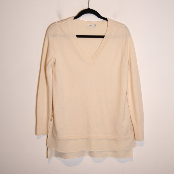 Vince V Neck Sweater Wool Cashmere Blend XS Silk Layered Blouse Hem Beige Tunic - Picture 1 of 6